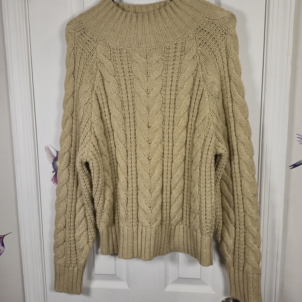 A New Day Tan Cable Knit Cotton Blend Mock Neck Sweater Size M Fisherman Style